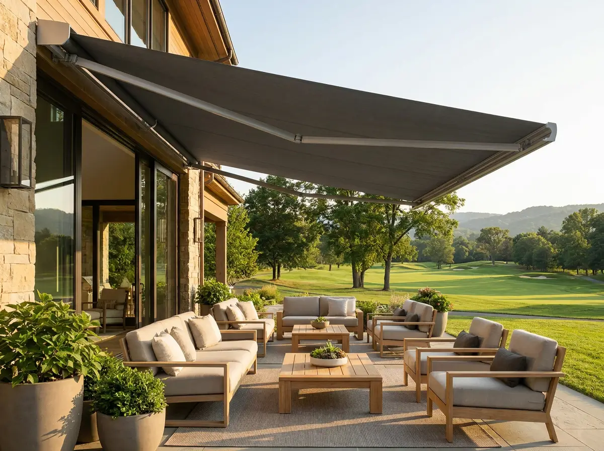 Folding-arm awning shading a patio overlooking the fairway at Centurion Golf Estate