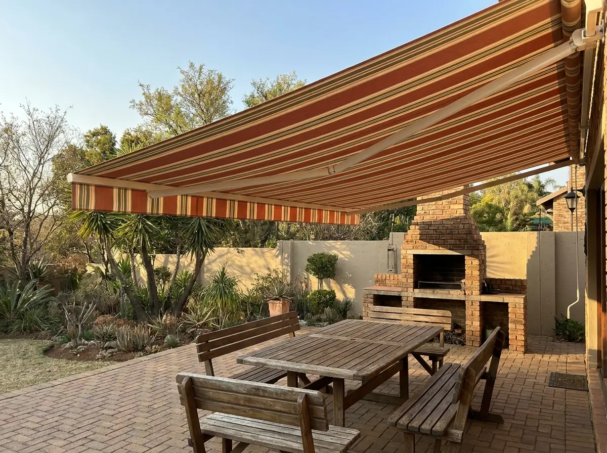 Folding-arm awning shading a braai patio at an Eldoraigne property