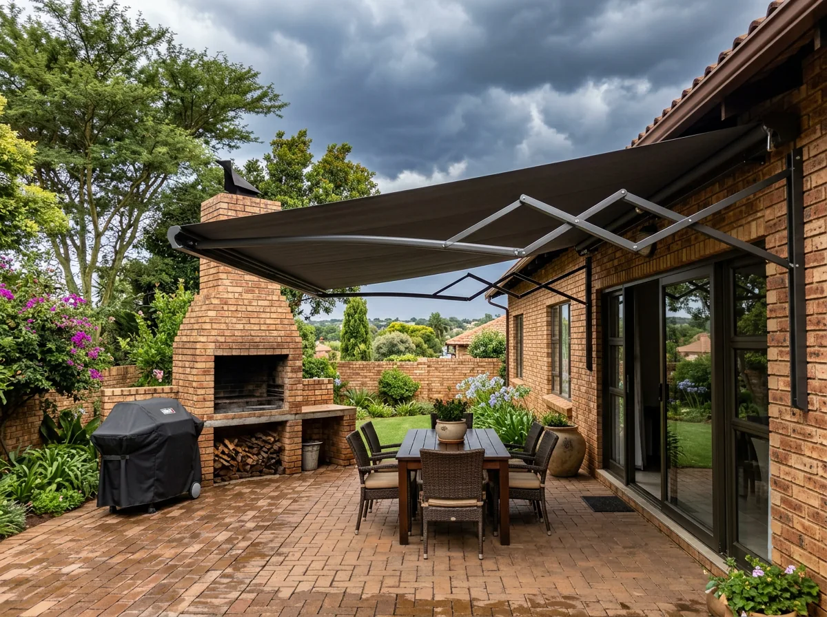 A folding-arm awning fully extended over a braai patio at a face-brick Eldoraigne home, no support posts, storm clouds building beyond the mature garden