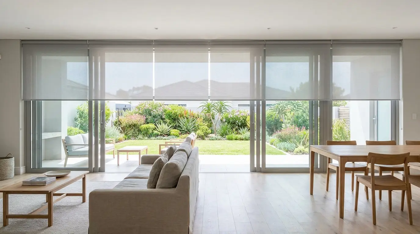 Light grey sunscreen roller blinds shading an open-plan dining and living area with sliding glass doors, new-build Raslouw home