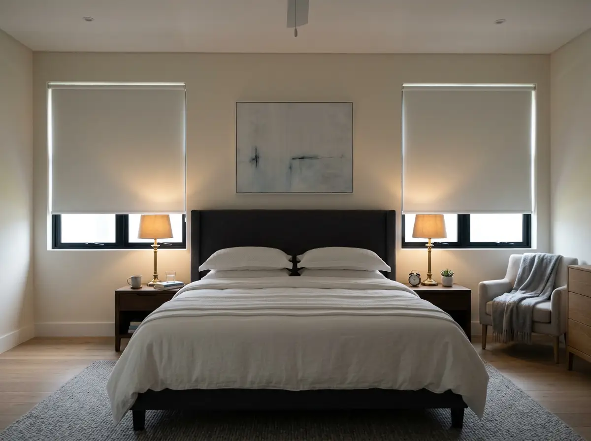 White blockout roller blinds in a calm main bedroom