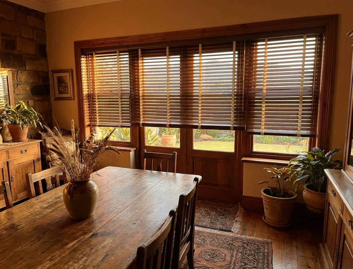 Walnut timber venetians with ladder tapes across a dining-room window wall in low evening sun, Eldoraigne